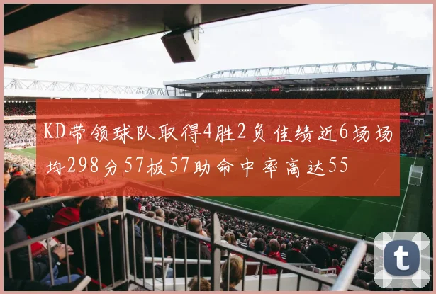 KD带领球队取得4胜2负佳绩近6场场均298分57板57助命中率高达55